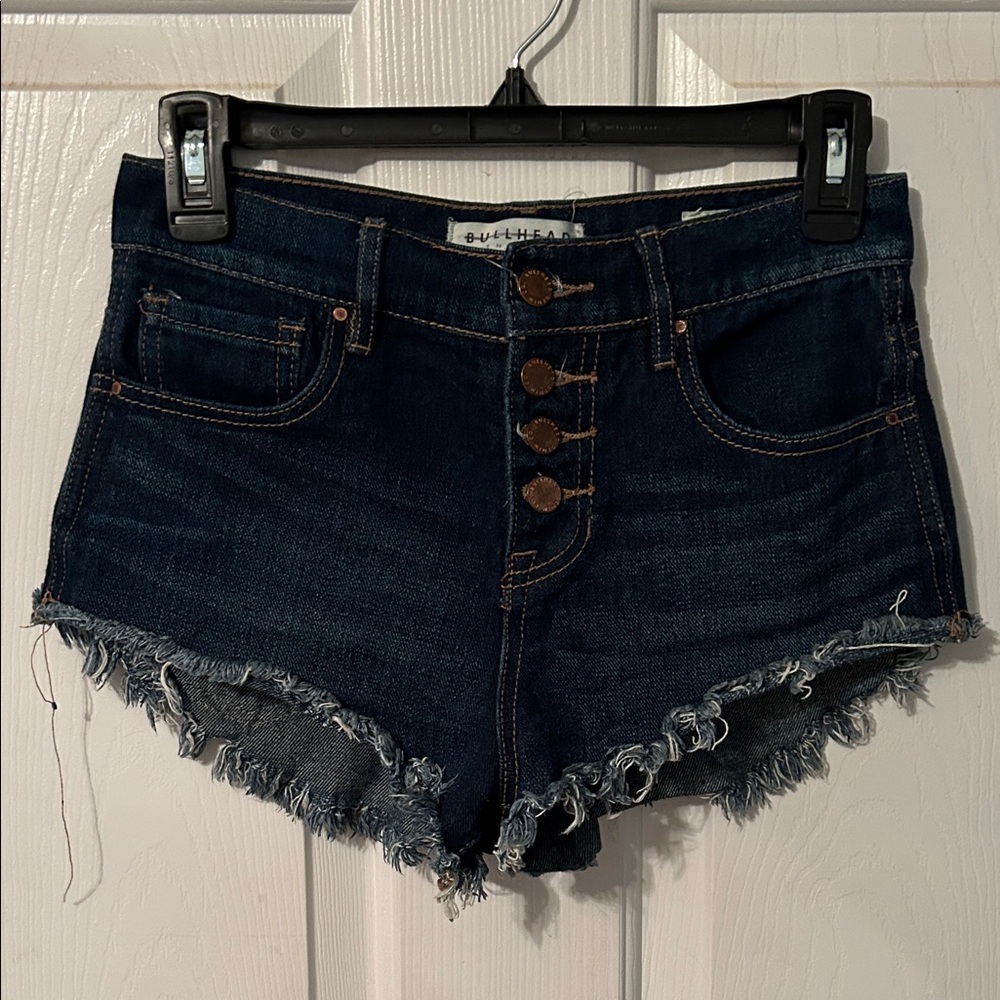Bullhead Women's Dark Indigo Frayed Denim Shorts